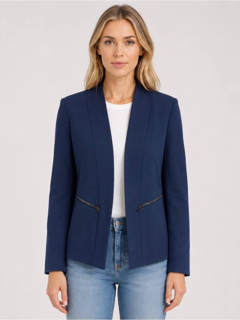 Halogen Navy Peacoat Open Front Zipper Pocket Blazer Size Medium NWT, NEW